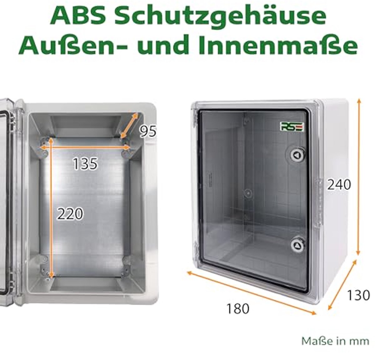 RSE Waterdichte verdeelkast voor buiten, IP65, ABS-kunststof behuizing voor buiten, schakelkast, stroomkast, stopcontactdoos tuin, 400 x 500 x 240 mm