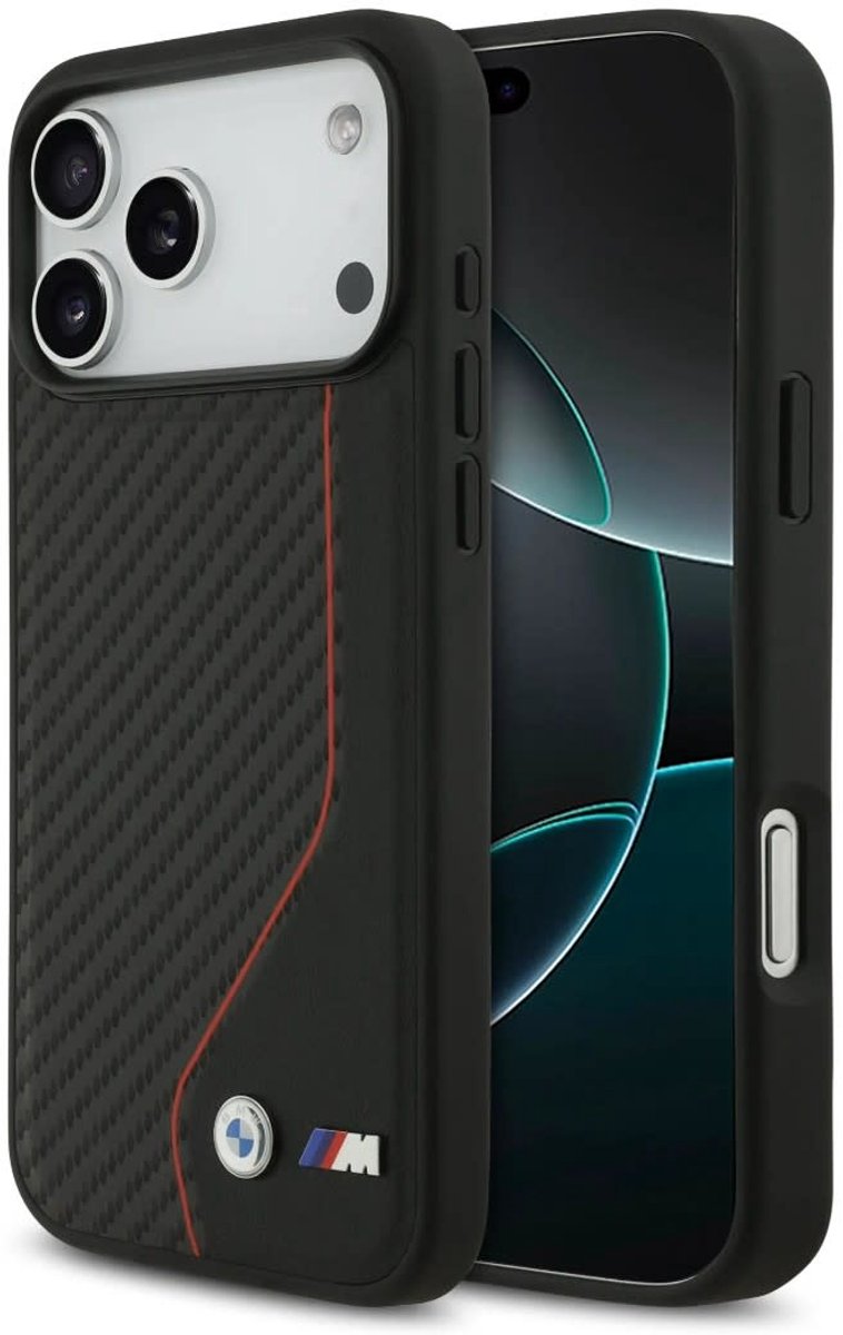 BMW Back Cover - iPhone 17 Pro Max - Zwart - PU Leather & Carbon Look - Schokabsorberend