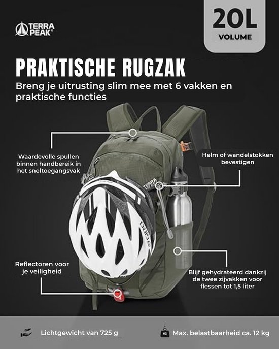 Terra Peak wandelrugzak 20L Flex 20 Premium (klein) met rugventilatie, drinksysteem en regenhoes - Trekkingrugzak van ademend 3D Air Mesh polyester - Outdoor dagrugzak met heupriem