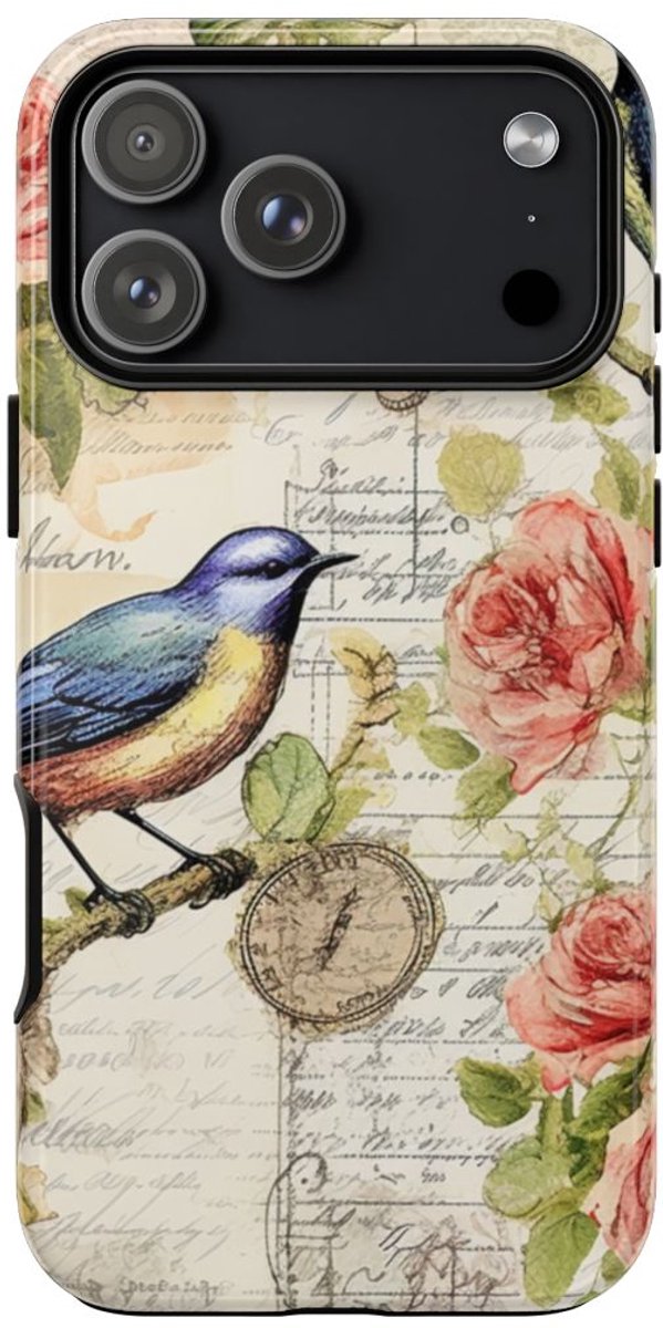 Vintage Blauwe Vogels en Rozenpatroon – Telefoonhoesje Geschikt voor iPhone 17 Pro Max