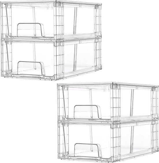 Vtopmart 4-pack badkamer opbergorganizer, 2 niveaus doorzichtig onder de gootsteen organisatoren ijdelheid aanrecht opslag container, geneeskunde kast laden bakken, uittrekbare organisatie met track