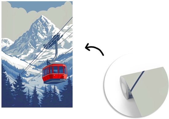 Behang - Fotobehang Kabelbaan - Sneeuw - Berglandschap - Breedte 200 cm x hoogte 300 cm