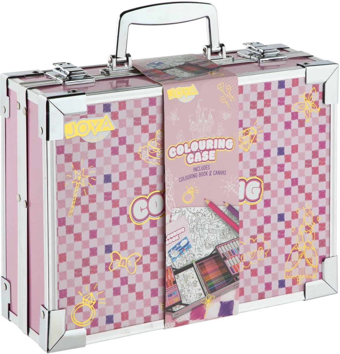 Luxe Kleurkoffer voor Meisjes - Aluminium Schilder- en Teken Koffer - Stiften, Kleurpotloden, Markers, Aquarel Napjes, Krijtjes, Penselen, Canvas & Kleurboek - Creatief Knutselpakket in Koffer - Cadeau voor meisjes vanaf 3 jaar - Joya Creative — afbeelding 5