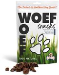 Zak Woef Snacks met gedroogde vleesstukjes en gras-opdruk. 100% natuurlijk.