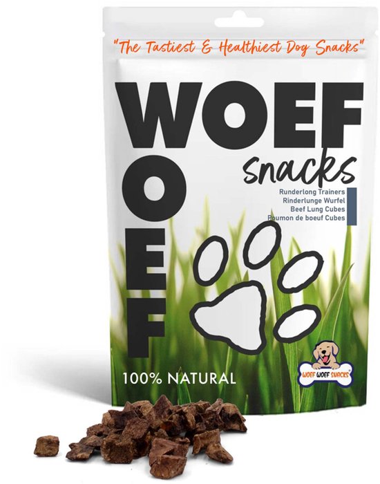 Zak Woef Snacks met gedroogde vleesstukjes en gras-opdruk. 100% natuurlijk.