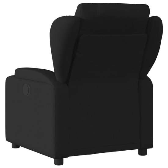 Zwarte fauteuil van stof, gezien vanaf de achterkant.