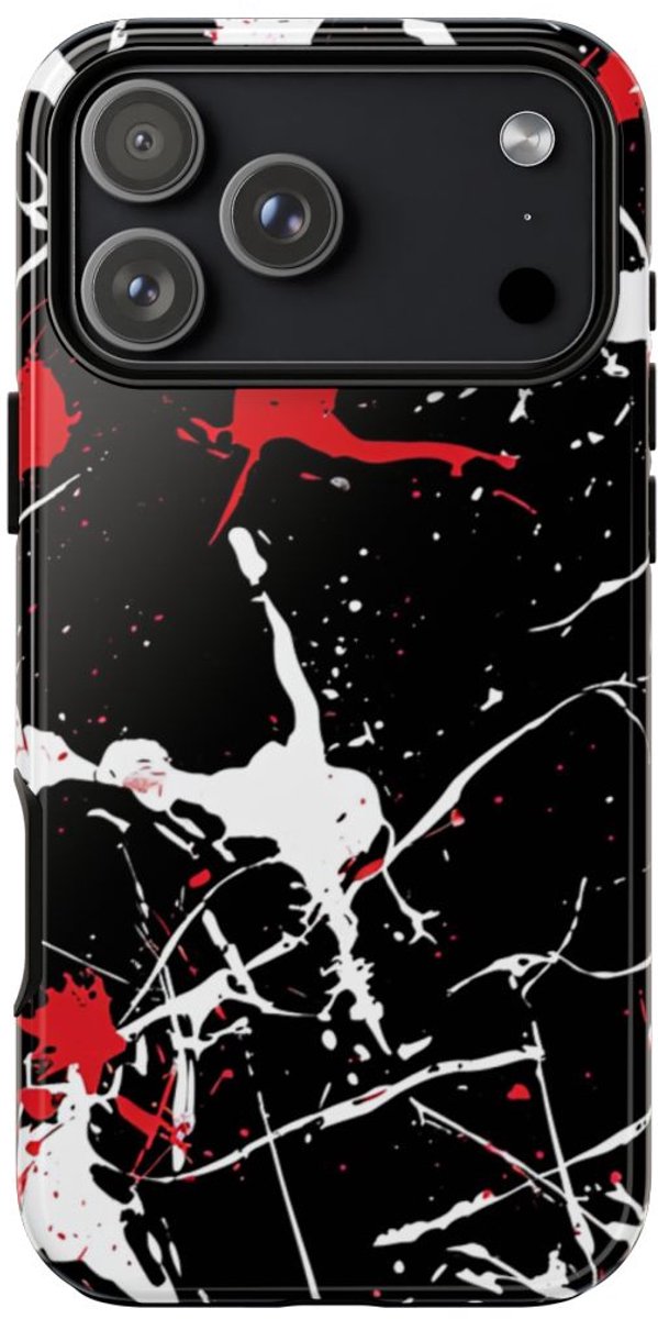 Rode en Witte Verfspatten op Zwart – Telefoonhoesje Geschikt voor iPhone 17 Pro Max