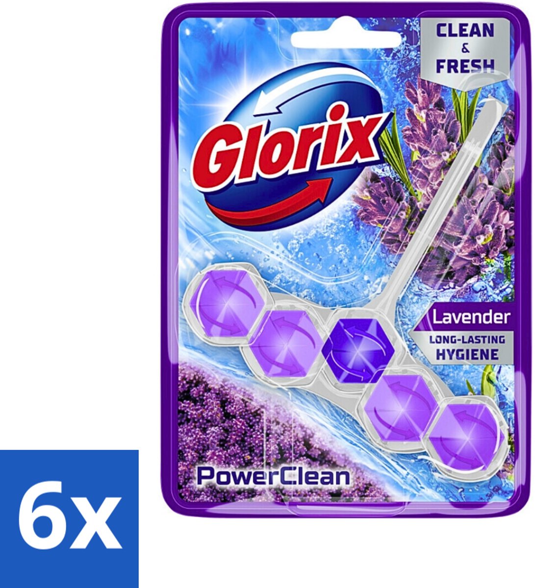 6 x Glorix - Toiletblok - Power Clean Lavendel - Frisse Geur - 1 blok - Toilet Schoonmaak - Toiletblok - Lavendelgeur - Kalk Verwijderaar - Toilet Hygiëne
