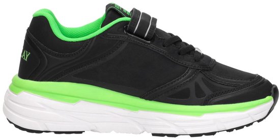 Zijaanzicht van een zwarte sneaker met neon-groene zoolrand en voering. Klittenbandsluiting en wit met zwarte zool.