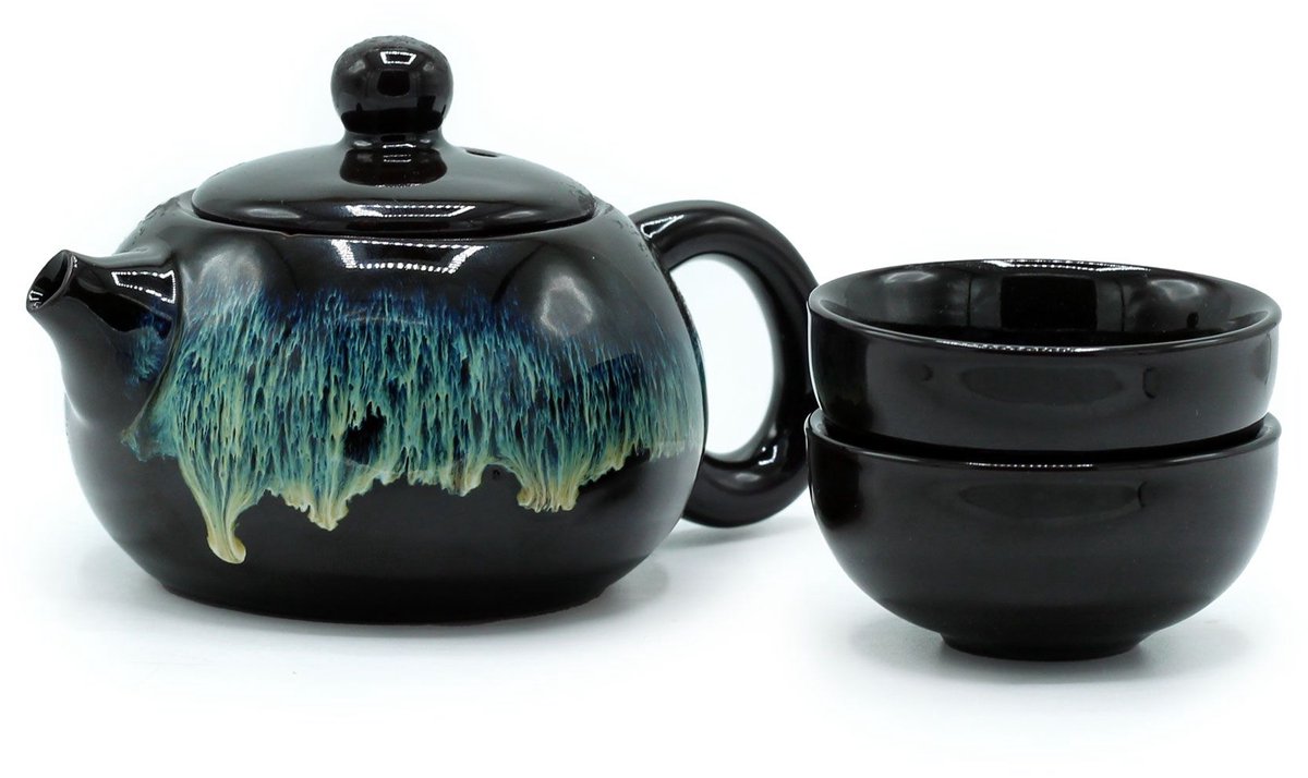 Herbal Black Glaze Theepotset - Pot & Twee Kopjes - cadeau geschenkset vrouwen geschenkset mannen