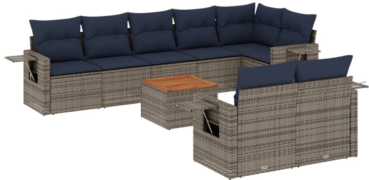 vidaXL - 9-delige - tuinbankset - met - kussens, - grijs - polyrotan