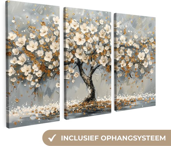 Ensemble de peintures sur toile 120x80 cm - Décoration murale triptyque - Arbre - Abstrait - Wit - Fleur - Décoration murale salon - Décoration chambre - Accessoires chambre - Peintures sur toile