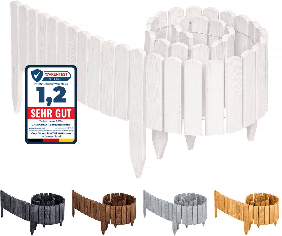 Garronda Rollborder - Flexibele houten - Gazonafscheiding - Palissade padenafscheiding - kan worden ingekort - Wit - Hoogte: 40 cm, hekje 200 cm