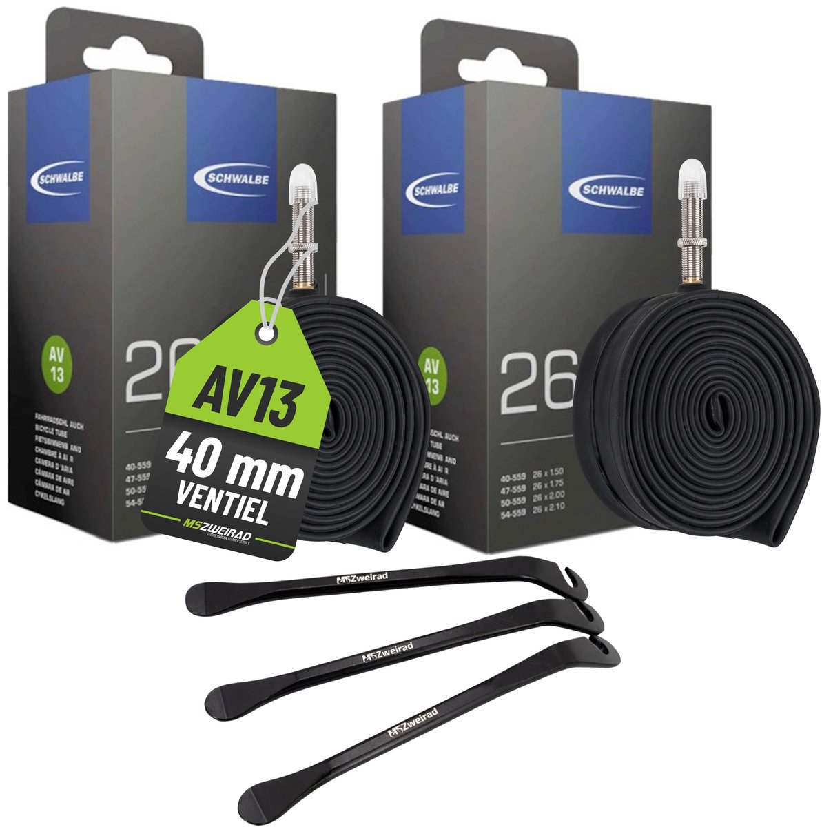 2x Schwalbe fietsbinnenband AV13 autobandventiel 26" 40/62-559 met 3x MSZweirad bandenlichter voor eenvoudige wisseling van de binnenband