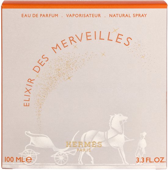 Kartonnen verpakking van Hermès Elixir des Merveilles Eau de Parfum (100 ml).