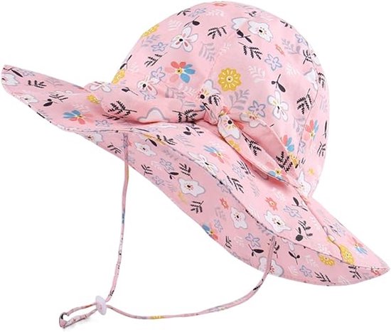 Zonnehoed voor babymeisje, strandhoed met verstelbare kinband voor Bob prinses strik UV-beschermingshoed