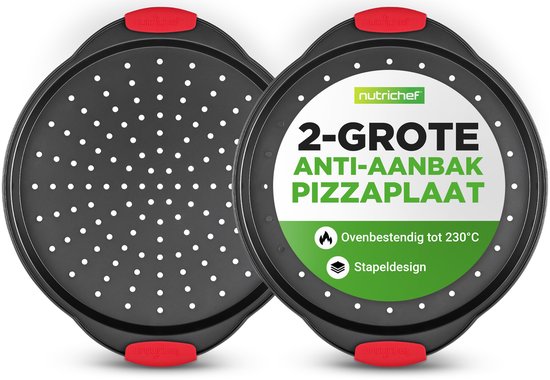 Nutrichef Pizzaplaat - Set van 2 Ronde Pizza Bakpan van Koolstofstaal met Perforaties - Anti-aanbak Pizzapan - Siliconen Handgrepen - Bakplaat Rond - Vaatwasserbestendig