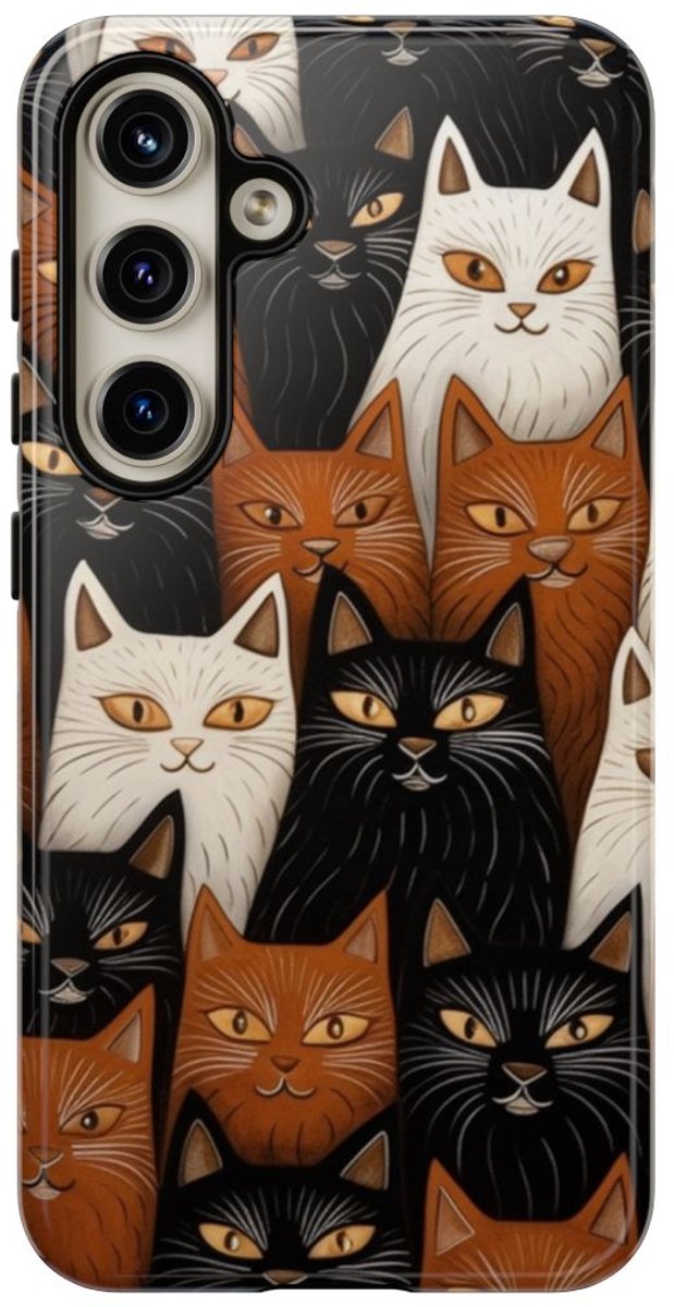 Zwart-Bruin-Wit Kattenpatroon – Glanzend Stevig Hoesje Geschikt voor Samsung Galaxy S24