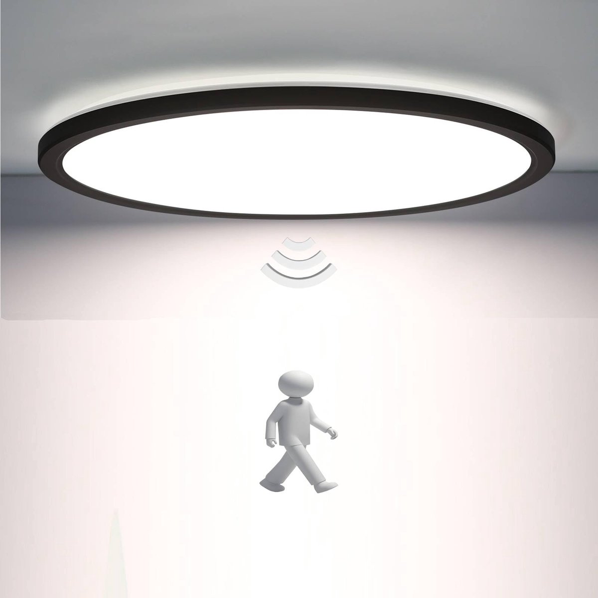 Epochglo LED Plafondlamp met Bewegingssensor - 18W, 1800 Lumen, Microgolfsensor (Radar), 3 Lichtmodi, Instelbare Timer (30s/120s/180s) - IP44 Waterdicht, Ultraplat Design (Ø22cm) - Mat Zwart - Voor Hal, Badkamer, Garage en Berging