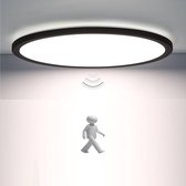Epochglo LED Plafondlamp met Bewegingssensor - 18W, 1800 Lumen, Microgolfsensor (Radar), 3 Lichtmodi, Instelbare Timer (30s/120s/180s) - IP44 Waterdicht, Ultraplat Design (Ø22cm) - Mat Zwart - Voor Hal, Badkamer, Garage en Berging