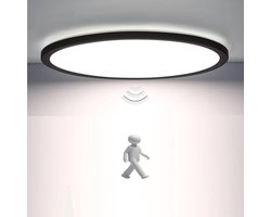 Epochglo LED Plafondlamp met Bewegingssensor - 18W, 1800 Lumen, Microgolfsensor (Radar), 3 Lichtmodi, Instelbare Timer (30s/120s/180s) - IP44 Waterdicht, Ultraplat Design (Ø22cm) - Mat Zwart - Voor Hal, Badkamer, Garage en Berging