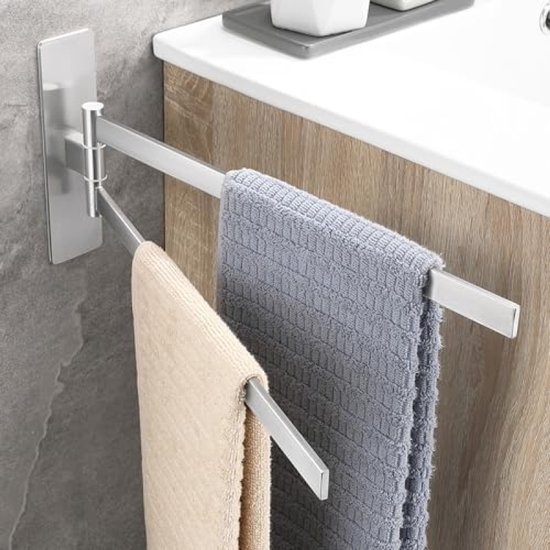 Handdoekhouder zonder boren, 180 graden draaibaar, 2-armig, handdoekhouder, zelfklevend, wandmontage, handdoekstang voor keuken, badkamer en garderobe, wit