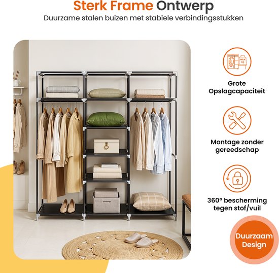Goliving Opvouwbare Kledingkast - Garderobekast - 175 x 150 x 45 cm - Kleerkast - Stoffen Vouwkast - Campingkast - Zwart