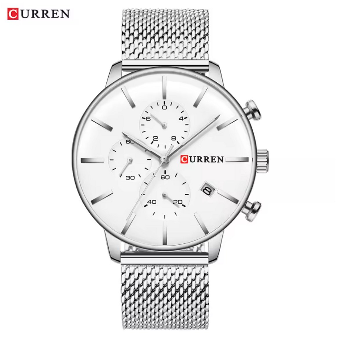 CURREN Horloge 8339 - Zilverkleurig-Wit - Heren - Quartz - Kalender - Mesh Band - Tijdloos en Zakelijk