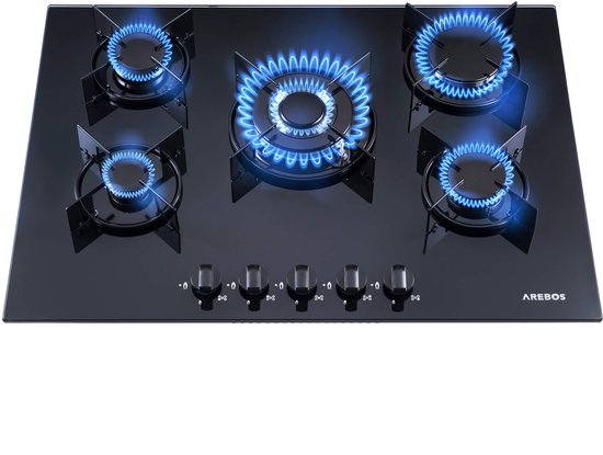 AREBOS Ingebouwde Kookplaat 70 cm 5 Branders Glaskeramiek Gas Kookplaat Zwart