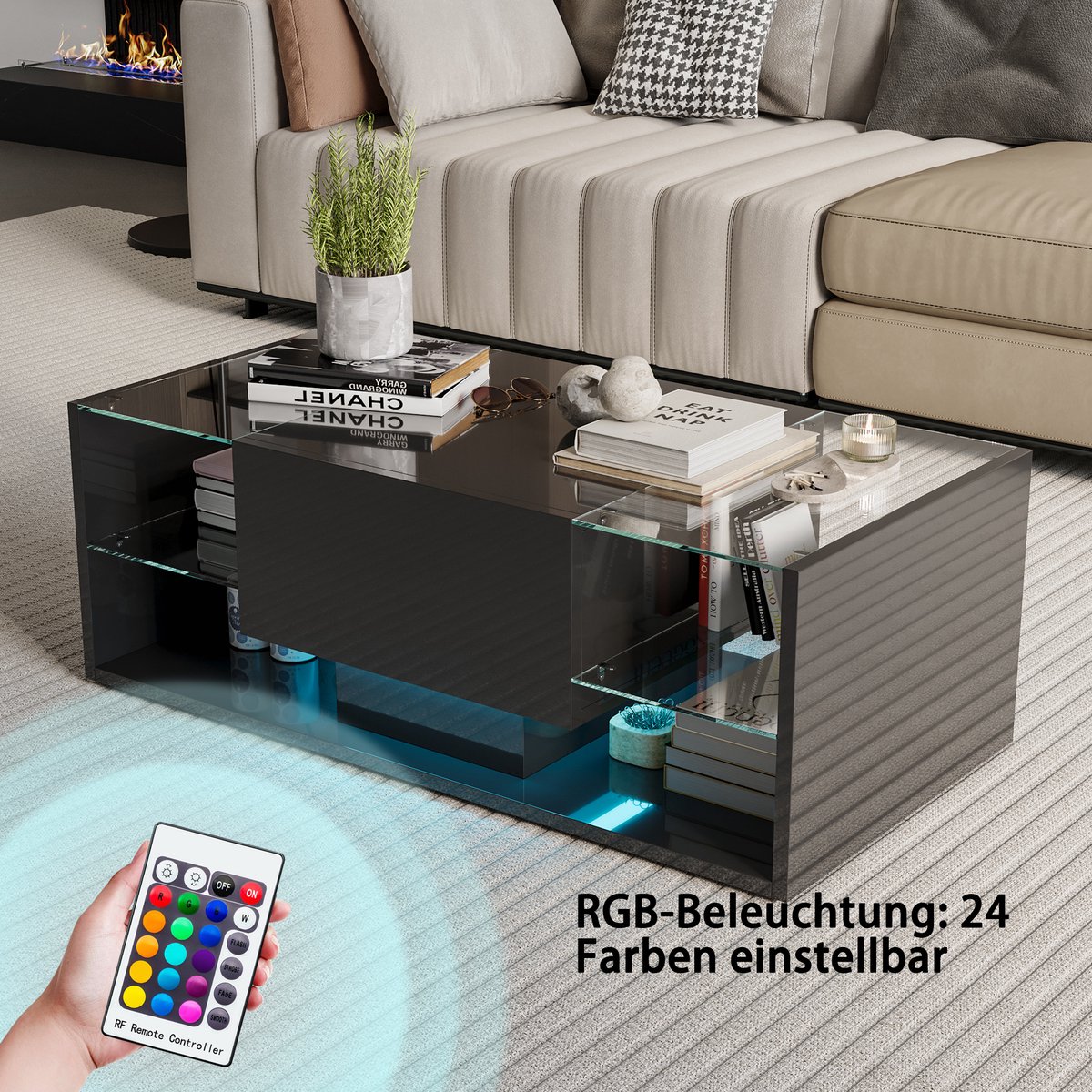 Glanzende LED Salontafel (100x50x35 cm) - 4 Glazen Planken en Opberglade, Moderne Woonkamertafel, voor Woonkamer/Slaapkamer, Zwart