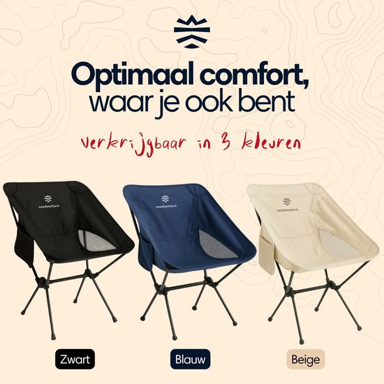 Zwarte, blauwe en beige campingstoelen van needventure, voor optimaal comfort.