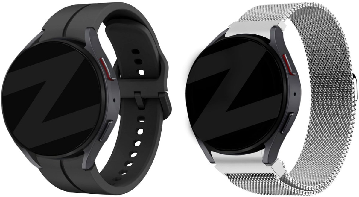 Bandz Bundel – siliconen bandje ‘Extreme’ zwart + zilveren Milanese loop band – geschikt voor Samsung Galaxy Watch 7 / 6 / 5 / 4 / Watch FE (40mm & 44mm / Classic / Pro)