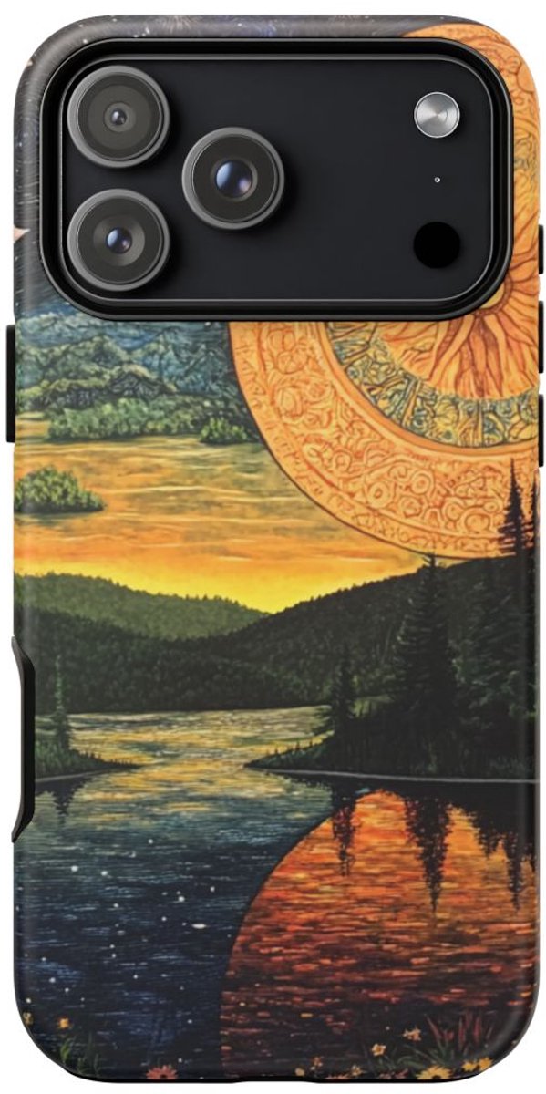 Zon en Maan Boven Rivierlandschap – Telefoonhoesje Geschikt voor iPhone 17 Pro Max