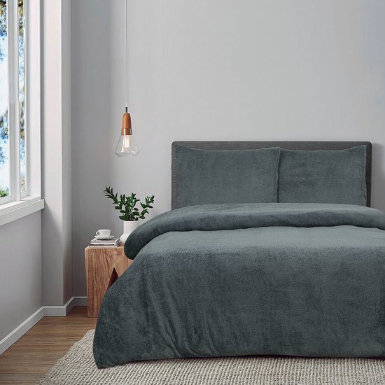 Housse de couette DoubleDry Teddy Fleece - Double 200 x 220 cm + 2 Taies d'oreiller - Douce et agréable au toucher - Anthracite
