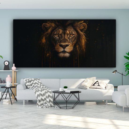 Canvas schilderij 200x100 cm - Exclusieve wanddecoratie Leeuw - Goud - Druppels - Muurdecoratie woonkamer - Slaapkamer decoratie - Kamer accessoires - Schilderijen op canvas