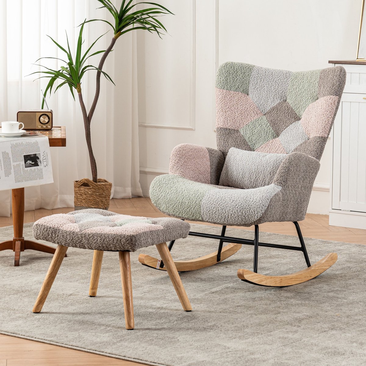 PHOEBE CAT Schommelstoel - Fauteuil - Met voetenbank - Lendensteun - Hoge rugleuning - Grijs