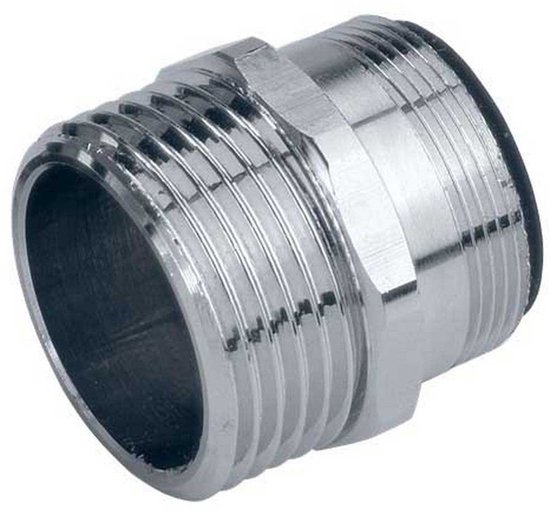 Zilverkleurige metalen kraanadapter met schroefdraad aan beide zijden.