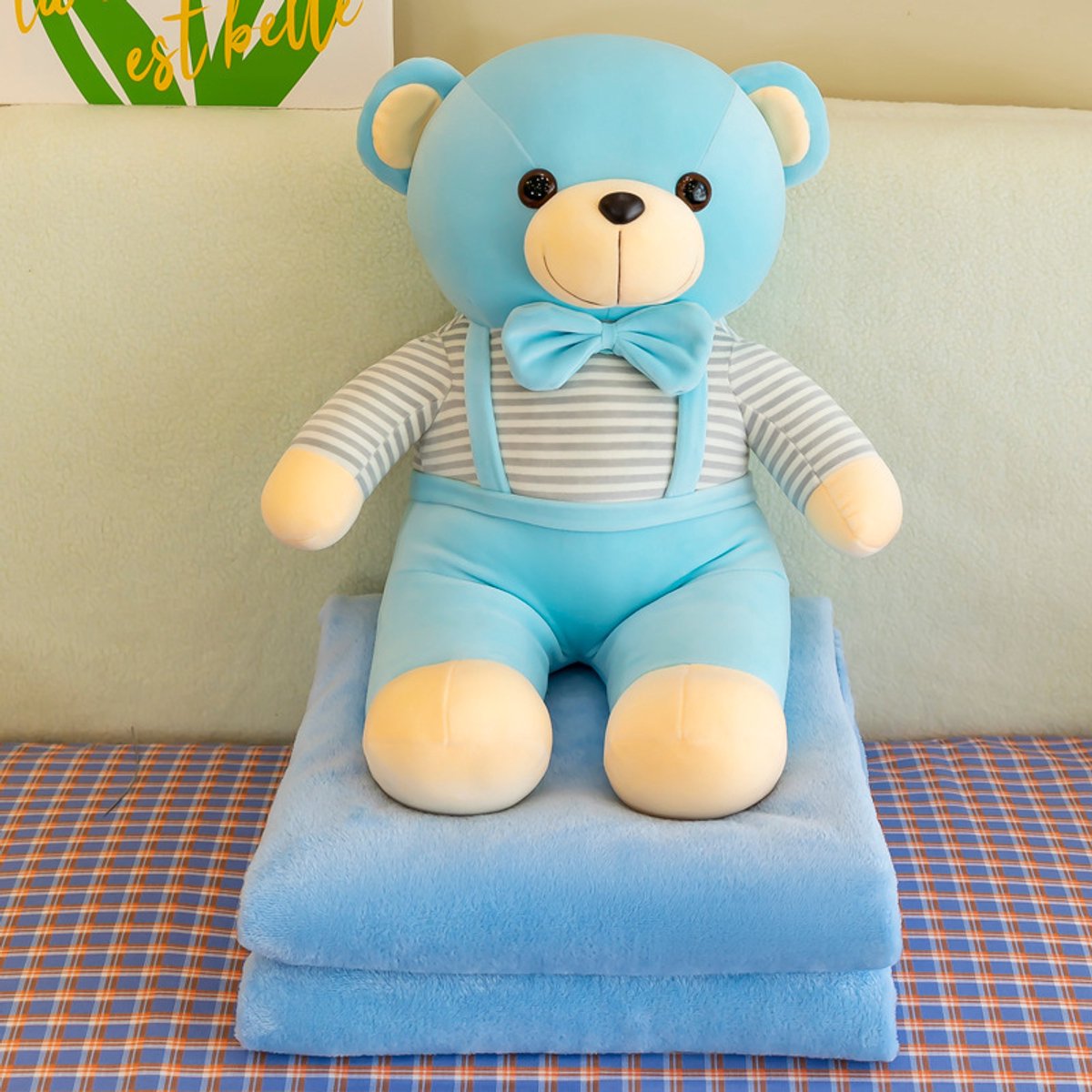 Grote blauwe beer knuffel met deken 3-in-1