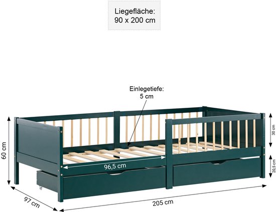 Groen kinderbed met matras en 2 lades, afmetingen 205 x 97 x 60 cm.