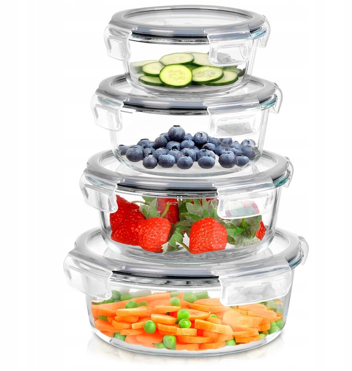 4x Ronde Glazen Voedselcontainers met Deksel en Afdichting