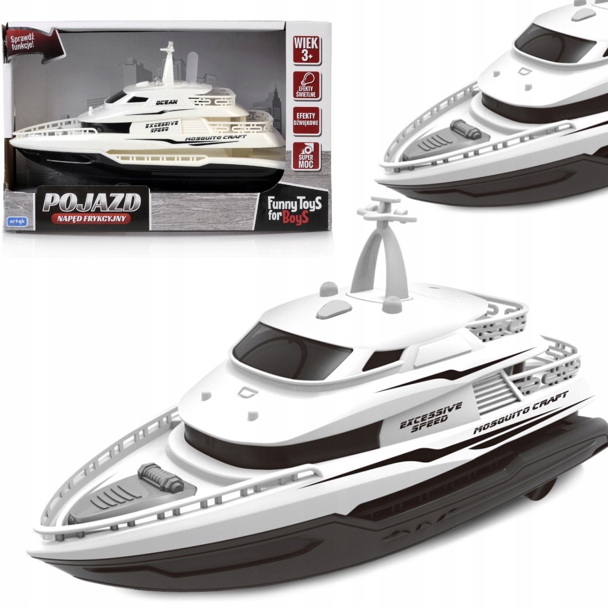 Wit Witte Motorboot met Licht & Geluid, Frictie Aandrijving, 1:20