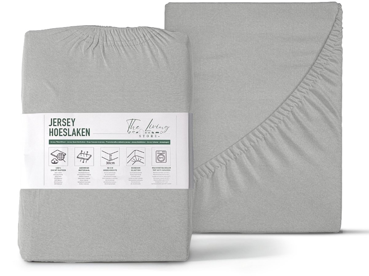The Living Store - Katoenen Hoeslaken - Enkel Jersey - 190/200 x 200/220 cm - 100% katoen - Grijs - Extra breed - Hotelkwaliteit