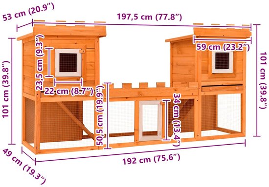Gedetailleerde afmetingen van een houten konijnenhok met torens en ren.