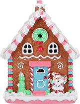 Viv! Christmas Kerstbeeld - Gingerbread Huis met Kerstman incl. LED Verlichting - roze rood blauw groen - 25cm