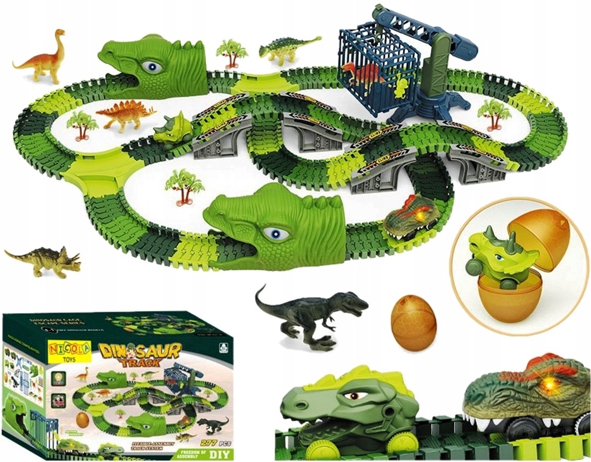 Grote Dino Park Racebaan stopt Auto's in Dinosaurus Figuren