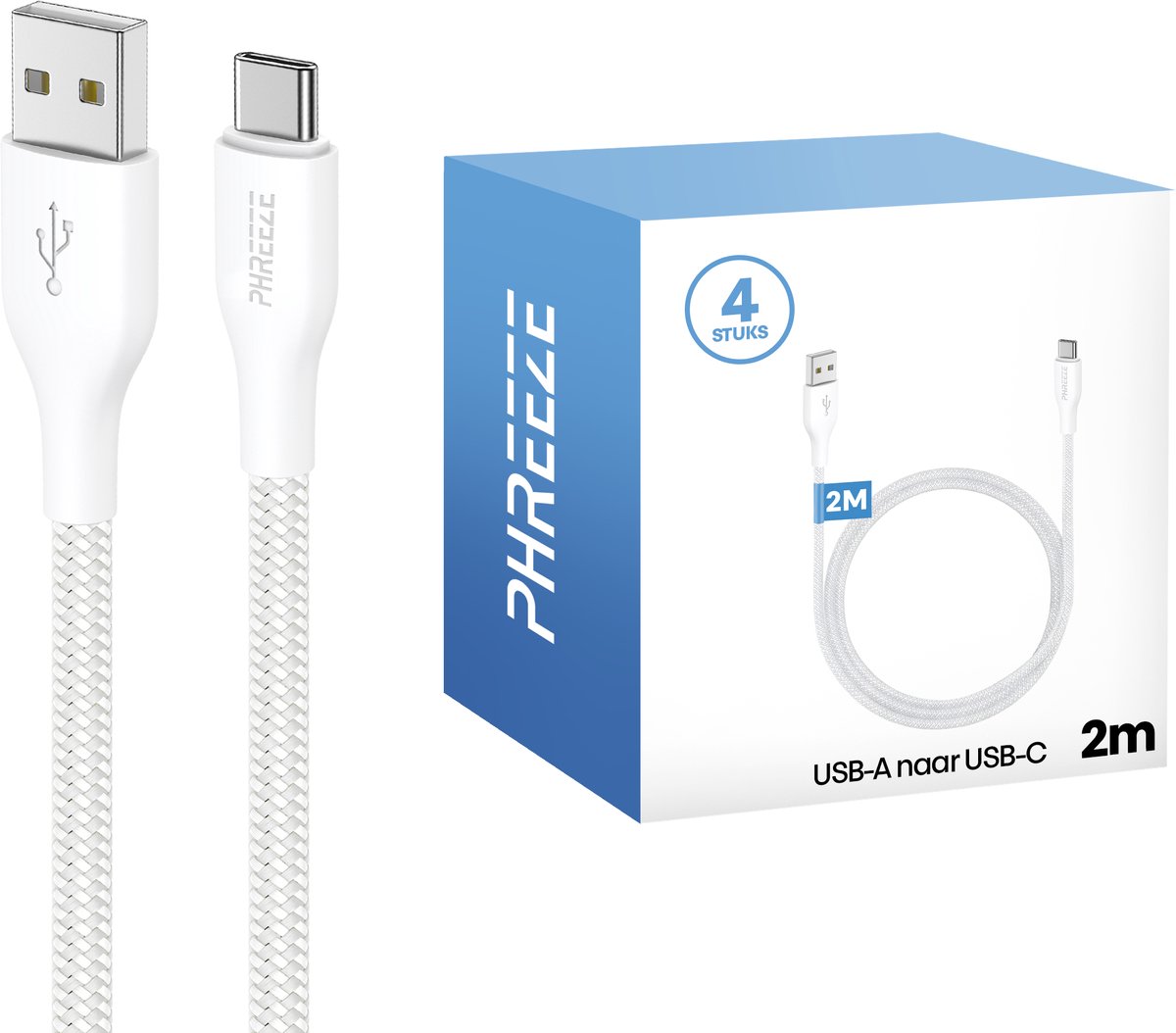 Usb A naar C kabels - 4 pack - 2m lang, stevig, nylon - Opladen & data - Usb C kabels - Phreeze
