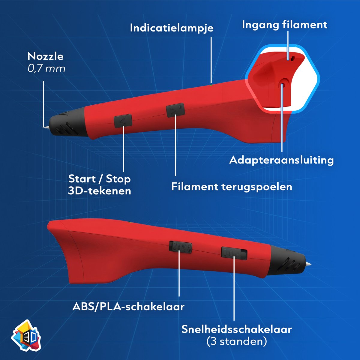 3D&Print 3D Pen Starterspakket XXL - Teken in de Lucht - 5x Sjablonen en 10x PLA Filament van 1.75 mm - Tekenset - Leren Tekenen - DIY Knutselen - Speelgoed - 3D Printer - Cadeau voor Jongens en Meisjes - 3D-Pennen Navullingen - 14+ Jaar - Rood — afbeelding 5