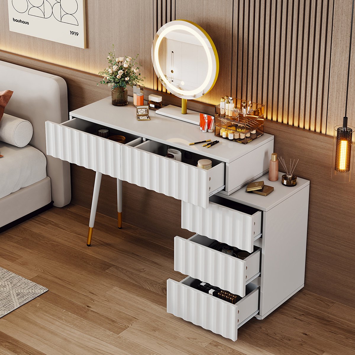BLACKCOLORS Kaptafel met LED-spiegel en verlichting - Witte kaptafel voor de slaapkamer met 5 ruime lades - Afmetingen: B100/H127/D40 cm (zonder kruk)