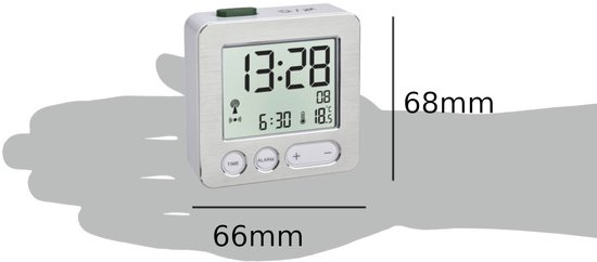 TFA Dostmann zendergestuurde wekker, 60.2536.01, met 4 verschillende wektijden, weergave van de binnentemperatuur en weekdag in 8 talen, snooze functie, kunststof, zwart, (L) 92 x (B) 32 x (H) 91 mm