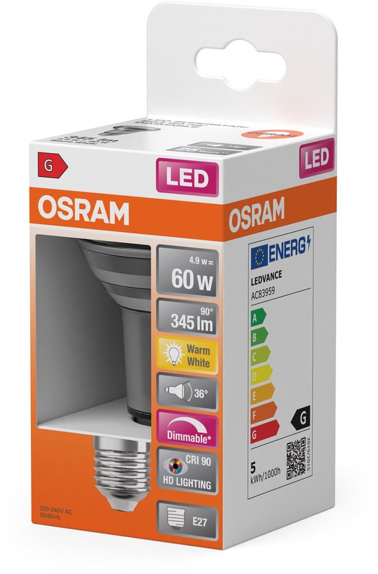 Osram E27 R63 LED Reflector | 4.9W 2700K 220V 927 | 36° Ø62.9mm Dimbaar ...